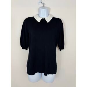 Cable & Gauge Black Knit Puff Sleeve Top with White Collar - Medium